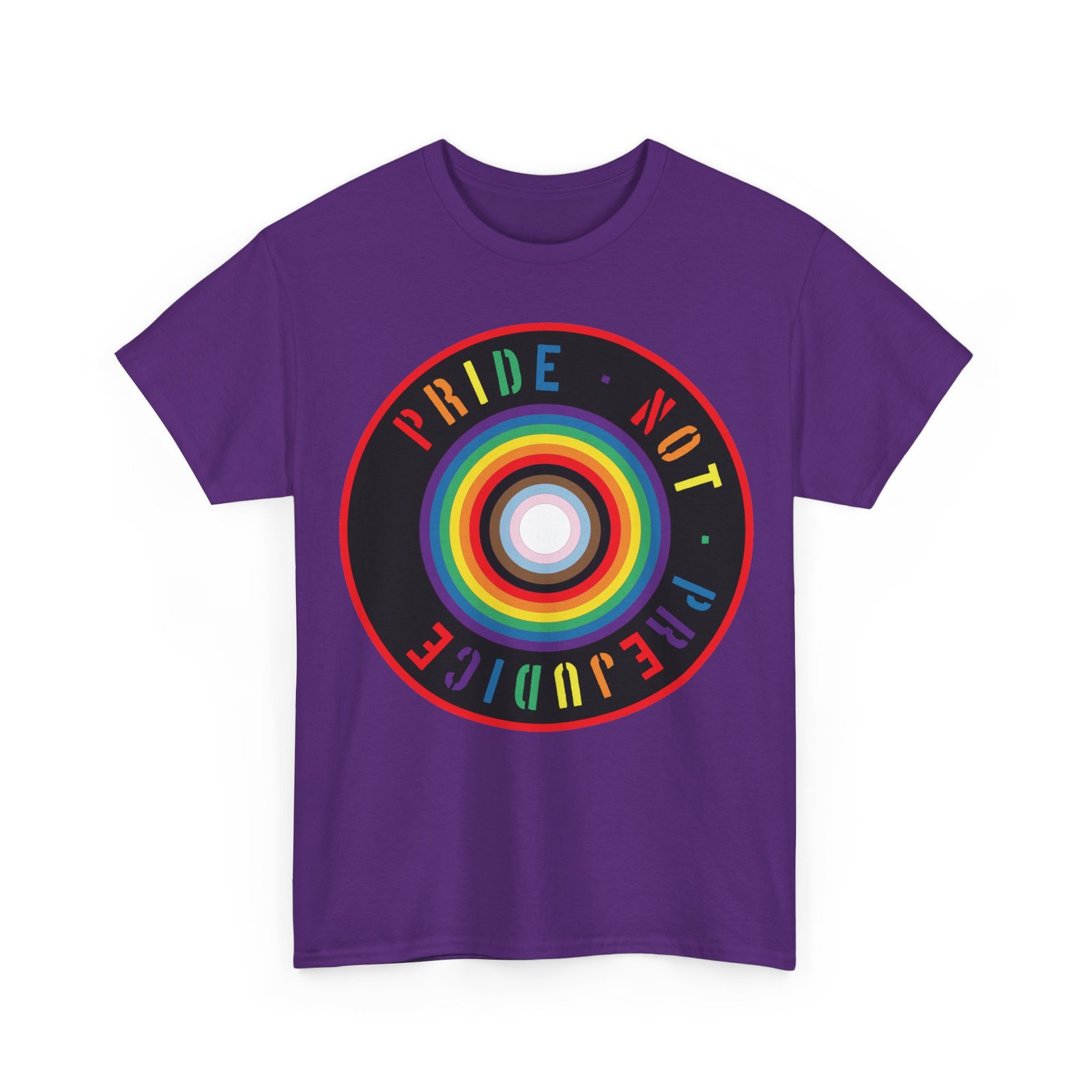 Pride Not Prejudice Target Tee — LGBTQ+ Progress Flag Circle Design