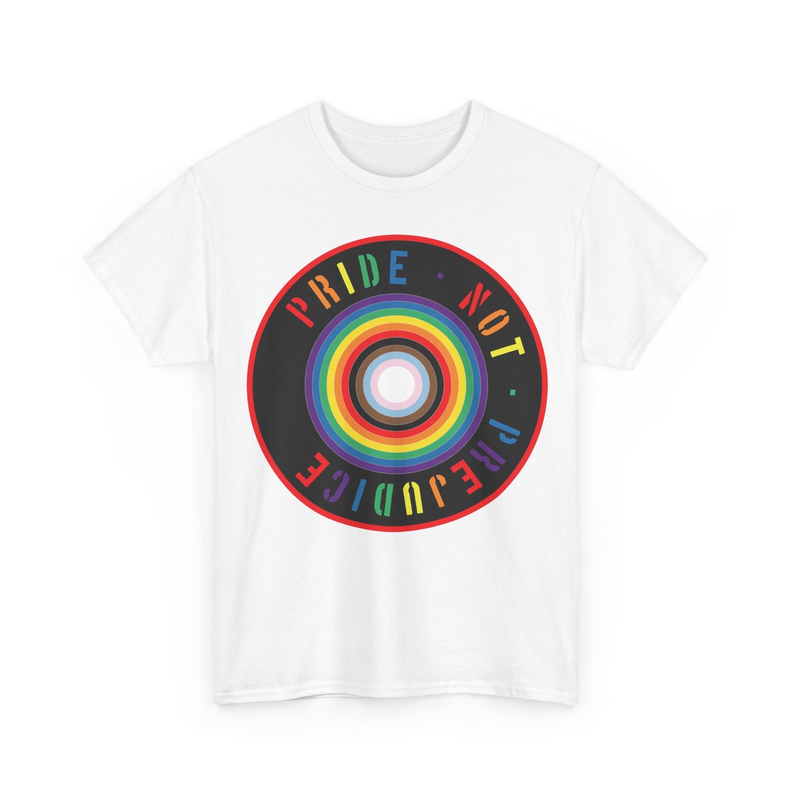 Pride Not Prejudice Target Tee — LGBTQ+ Progress Flag Circle Design - Image 4