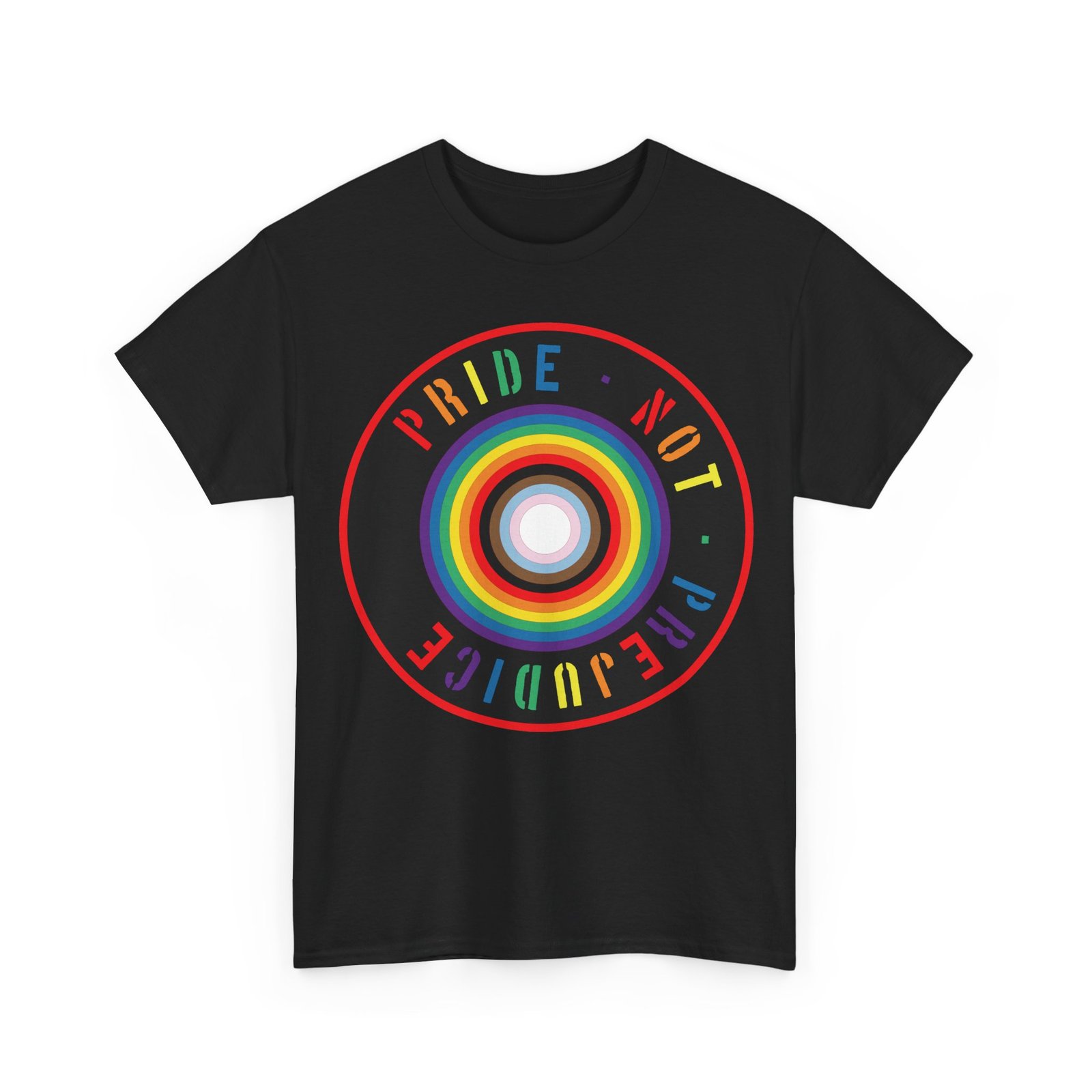 Pride Not Prejudice Target Tee — LGBTQ+ Progress Flag Circle Design - Image 3